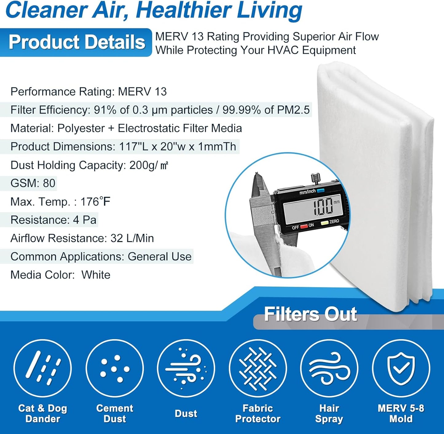 UCINNOVATE 20x117 inch MERV 13 Air Vent Filter Kit, Electrostatic AC Filter Material with 125" Tape, Cut to Size for HVAC Home Floor Ceiling Fan Intake, Stop Dust Pet Dander, 16Ft²