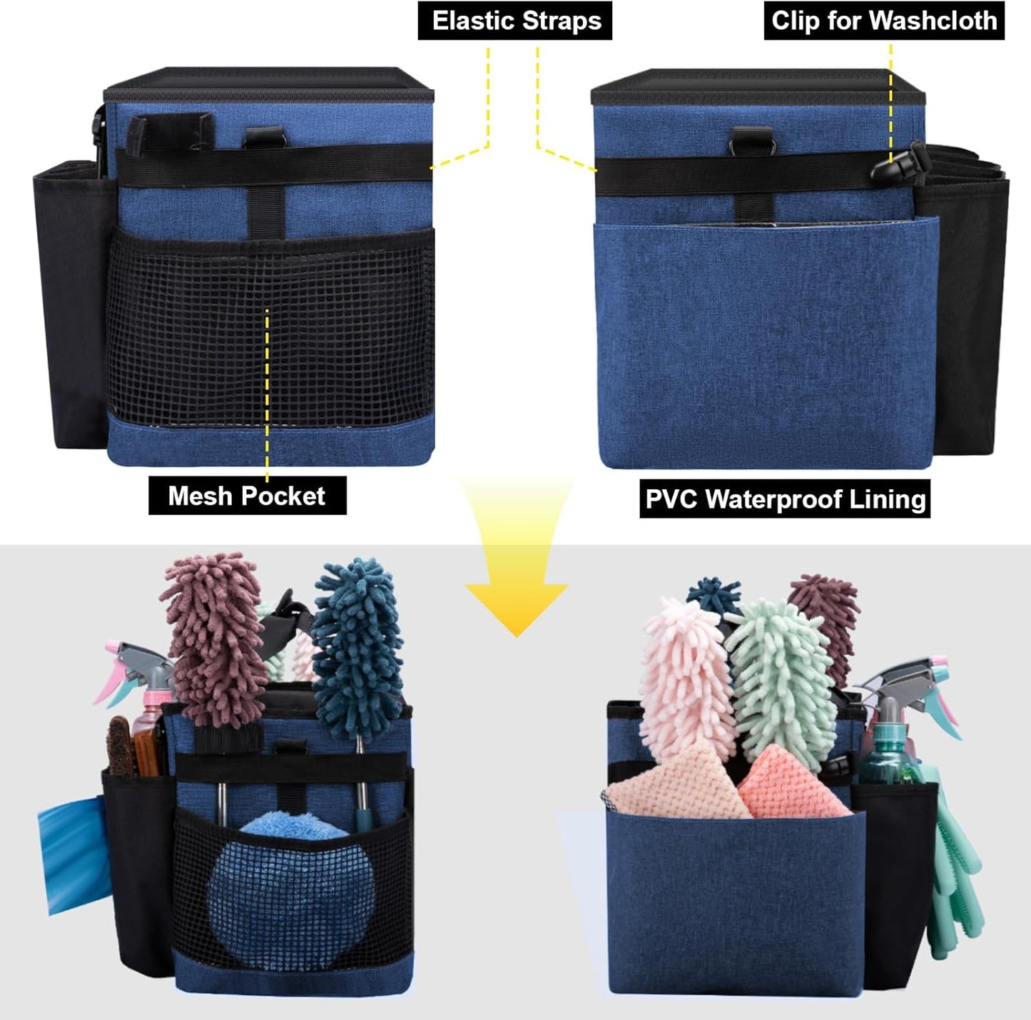 Wearable Large Cleaning Caddy Bag for Housekeeper, Clean Supply Organizer with Adjustable Shoulder, Waist & Handle Straps, Detailing Bag for Kitchen Supplies (Blue)