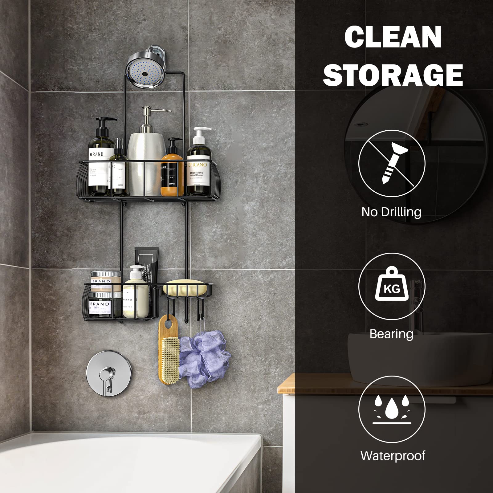 Epicano Shower Caddy Hanging,Large Capacity Shower Organizer,Black