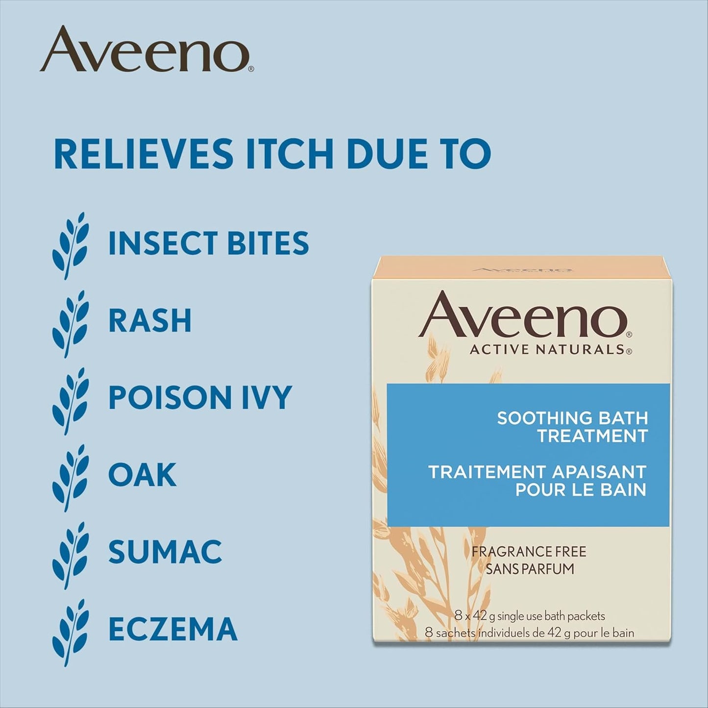 Aveeno Fragrance-Free Soothing Bath Treatment & Soak for Soothing Relief, 100% Natural Colloidal Oatmeal, Relieves Itchy, Irritated Skin Due to Eczema, 8 Single-Use Bath Packets