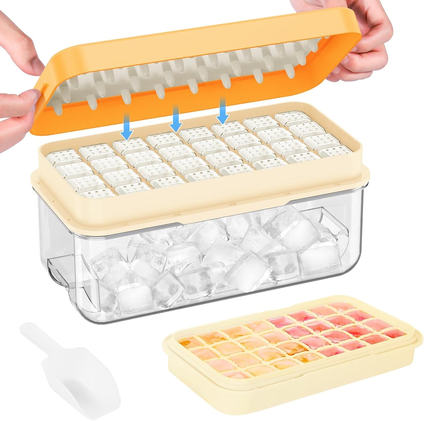 Ice Cube Tray with Lid and Bin, 32 pcs Ice Cubes Molds, Ice Trays for Freezer, Ice Cube Tray Mold, with 1 tray, Ice Freezer Container, Spill-Resistant Removable Lid & Ice Scoop, for Whiskey,Cocktail