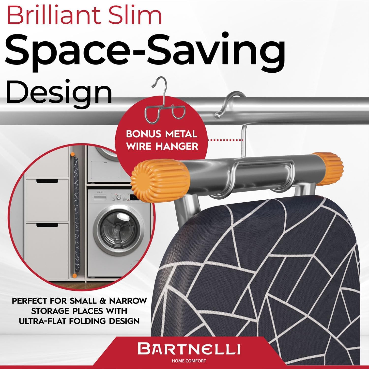 Bartnelli Compact Ironing Board, 13x43 Space-Saving Steel Foldable Iron Board, 4 Layer Cotton