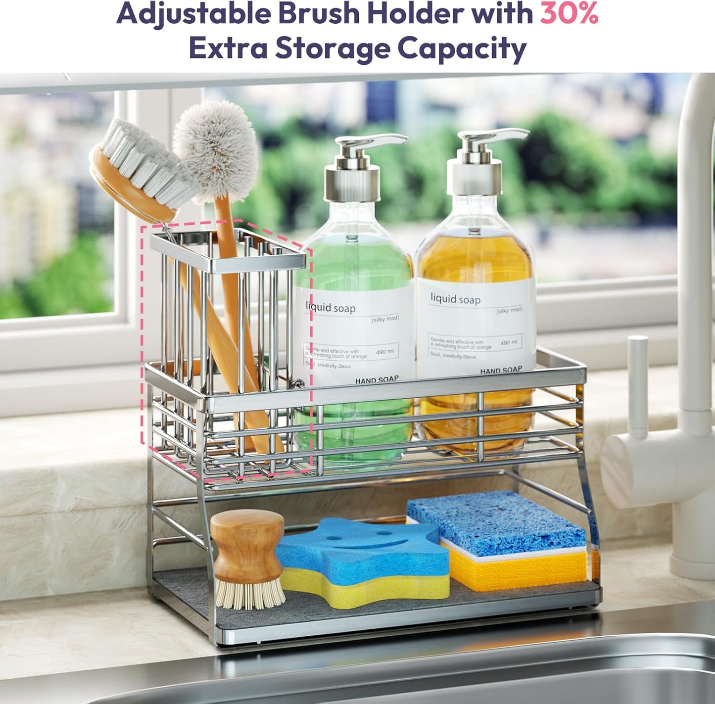 SWTYMIKI Kitchen Sink Caddy Organizer, 2 Tier Sponge Holder for Kitchen Sink with Instant Drying Stone, Removable Brush Holder for Fast Drying on Countertop, Silver