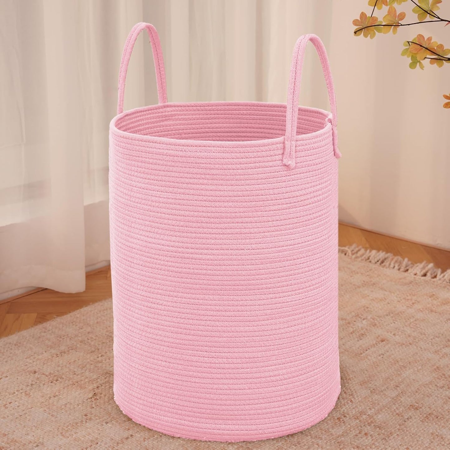 Large Woven Laundry Basket Hamper,100L Cotton Rope Storage Bin for Blankets,Toys and Clothes,Decorative Tall Nursery Hamper for Living Room,Baby Nursery,Bathroom and Bedroom,Pink