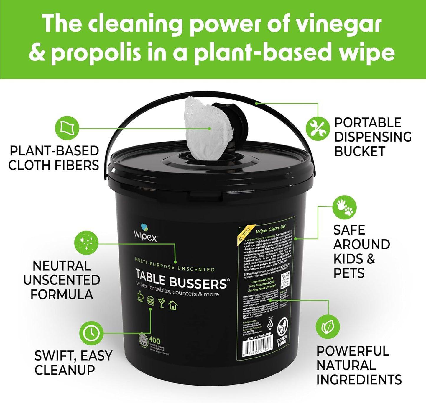 Wipex Table Bussers - Natural Cleaning Vinegar Counter and Table Wipes, 400 Ct Unscented Disposable Plant-Based Cloth for Tables, Counters, Surfaces for Restaurant, Cafes and Home Use, Pack of 4