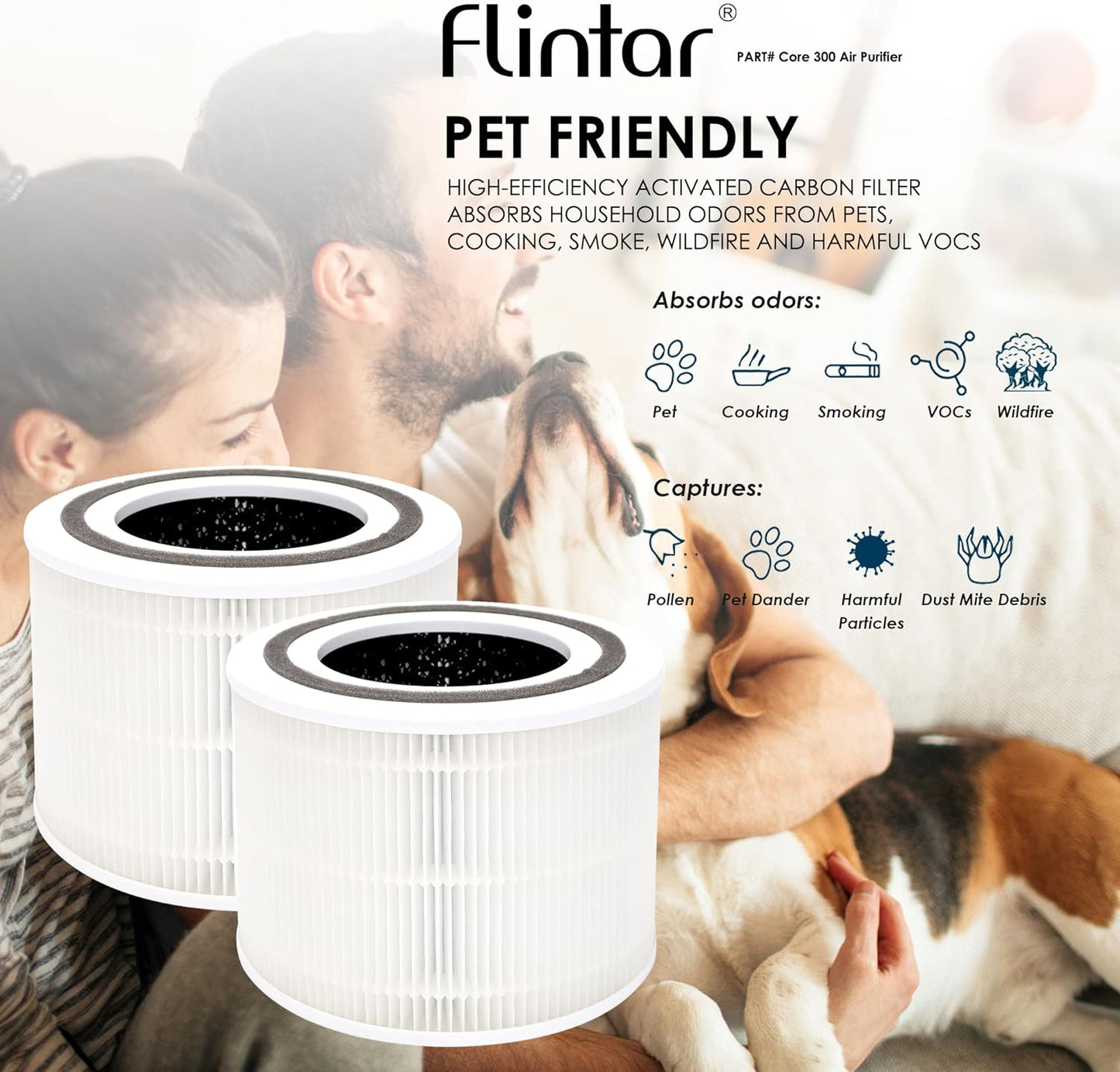 Flintar Core 300 Replacement Filters, Made in Taiwan, Compatible with LEVOIT Core 300, Core 300-P, Core 300S Air Purifier, 3-in-1 H13 True HEPA Filter Replacement, Core 300-RF, 2-Pack