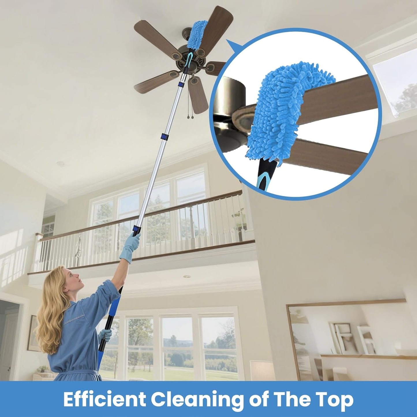 30ft High Ceiling Duster Kits with 5-24ft Heavy Duty Extension Pole - Fan Blade Cleaner, Cobweb Remover & Blue Window Squeegee Kit, Washable Dust Brush for High Roof and Glass Surfaces