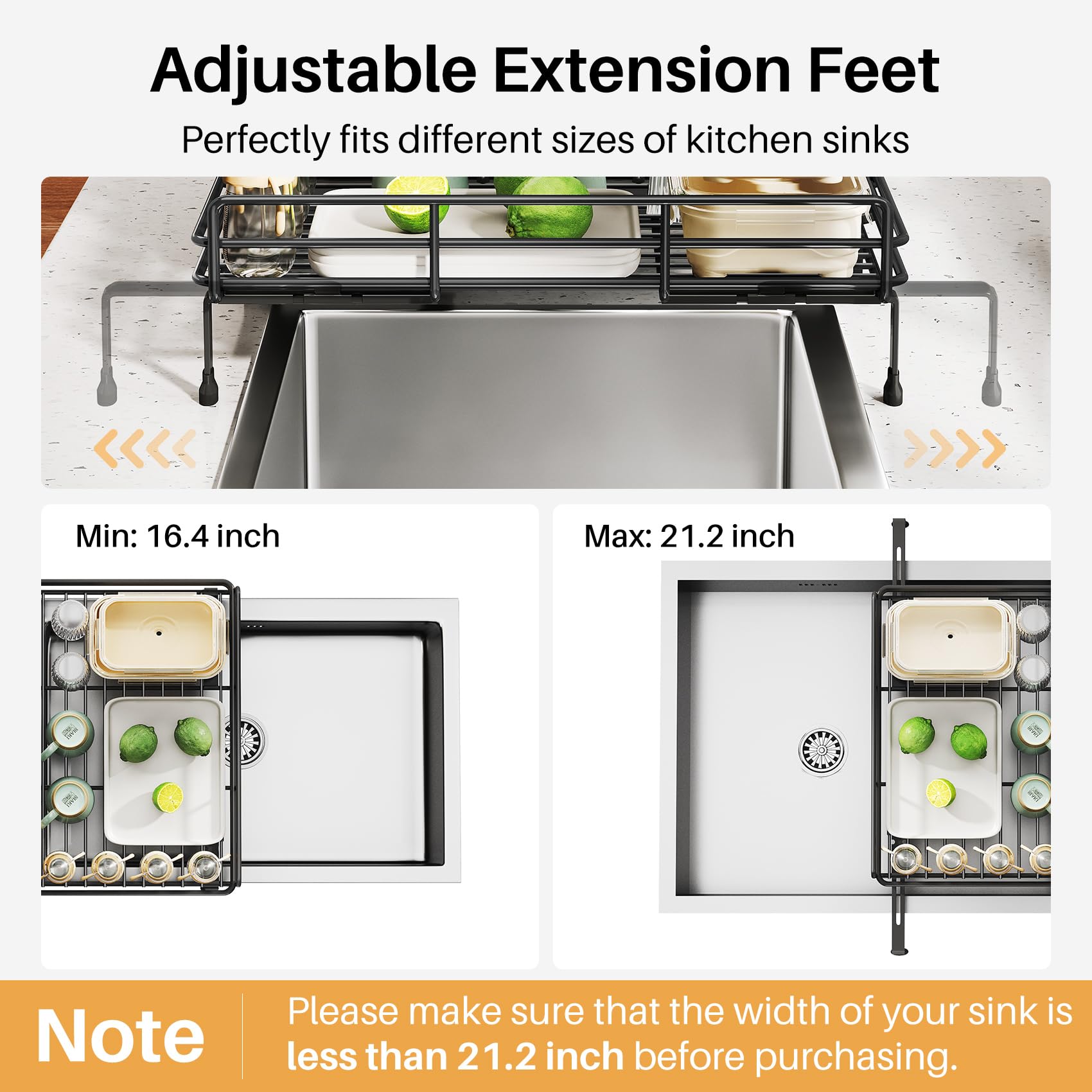 Expandable Dish Drying Rack for Kitchen Counter, Stainless Steel, Black