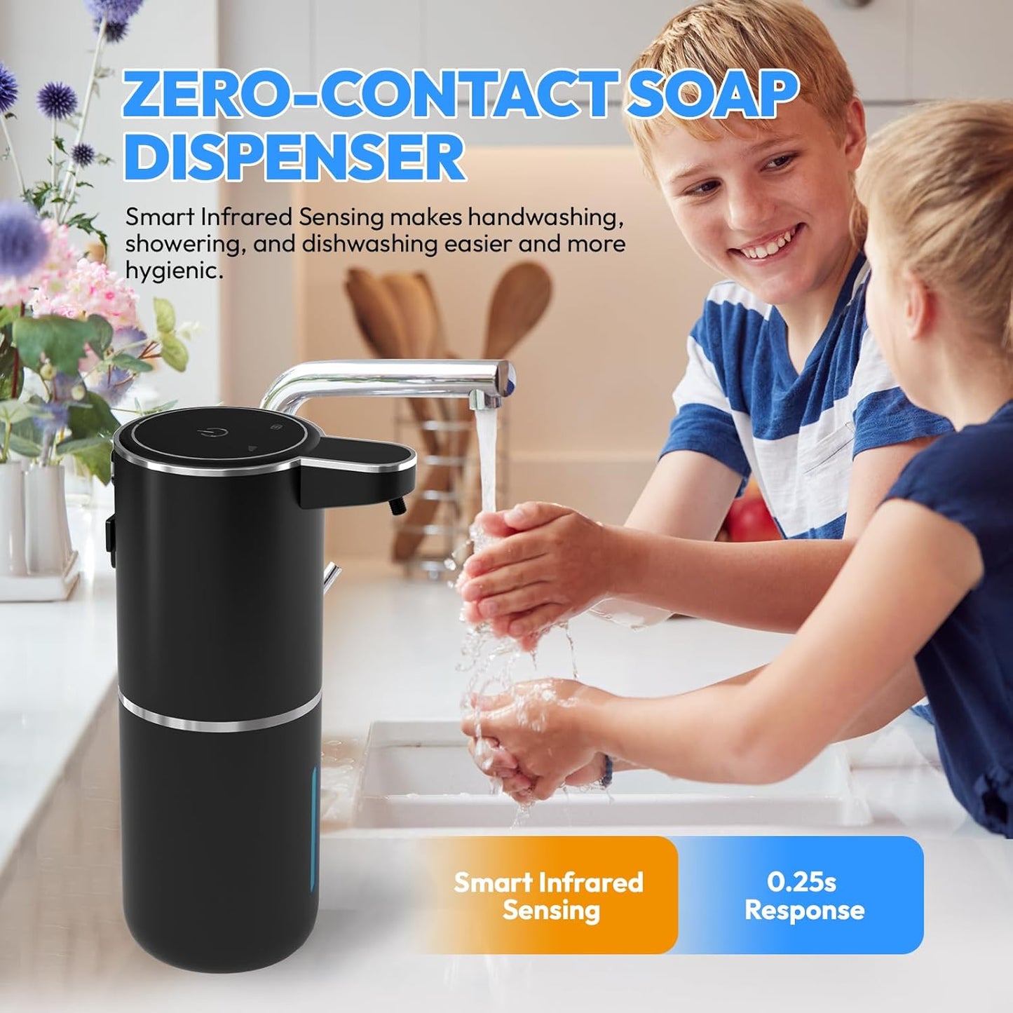 2 Pack Automatic Soap Dispenser Touchless,Liquid Hand Soap Dispenser 12.8oz USB 4levels Adjustable Dispenser Electric Wall Mounted Smart for Bathroom and Kitchen Dish Soap，Easy for Toddlers(Black)