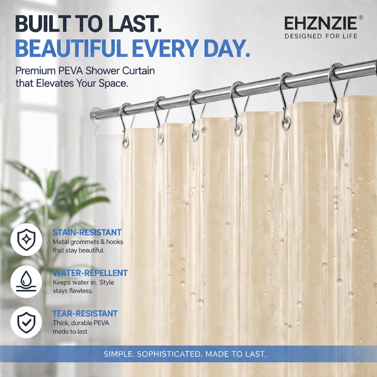 EHZNZIE Beige Shower Curtain Liner 72x72, PEVA Waterproof Bath Curtain, No Chemical Smell, 3