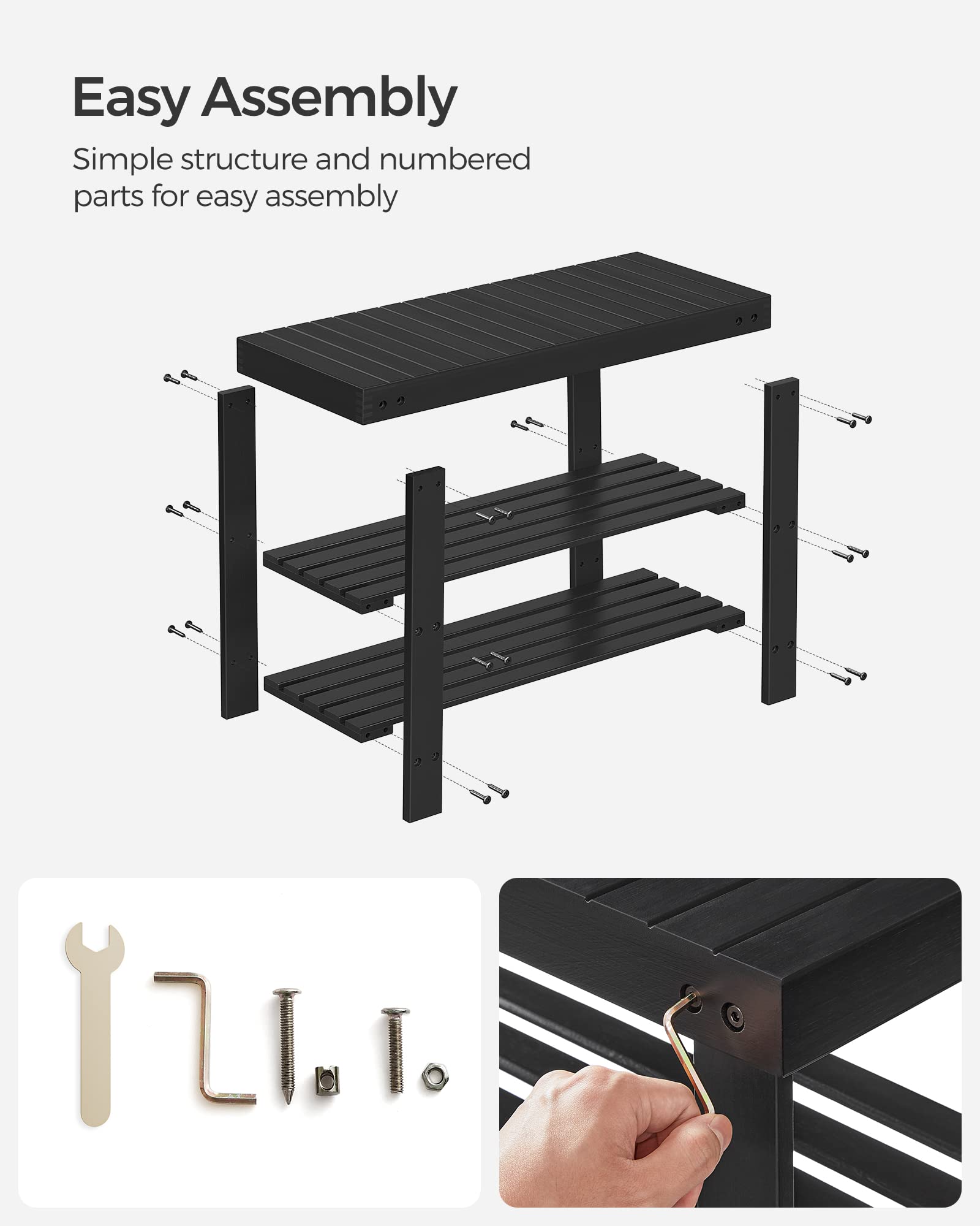 SONGMICS Shoe Rack Bench, 3-Tier Bamboo Shoe Storage Organizer, Entryway Bench, Holds Up to 286 lb