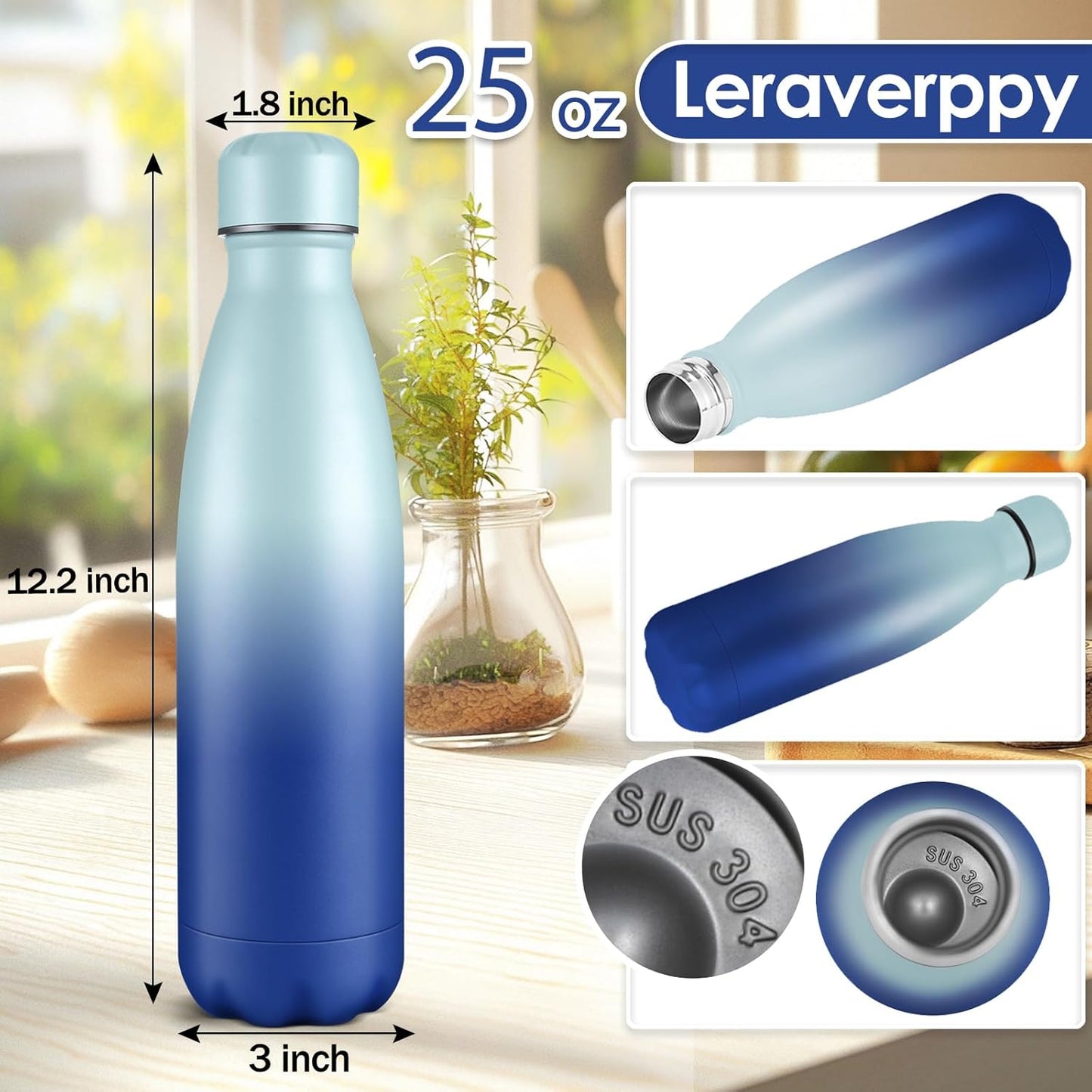 25oz Cola-Bottle Shaped Stainless Steel Leak-proof Water Bottle,Double Wall Vacuum Insulated Metal,Travel Mug For Sports Indoors & Outdoors,BPA-Free Kids Flasks,Green Blue(1 Pack)