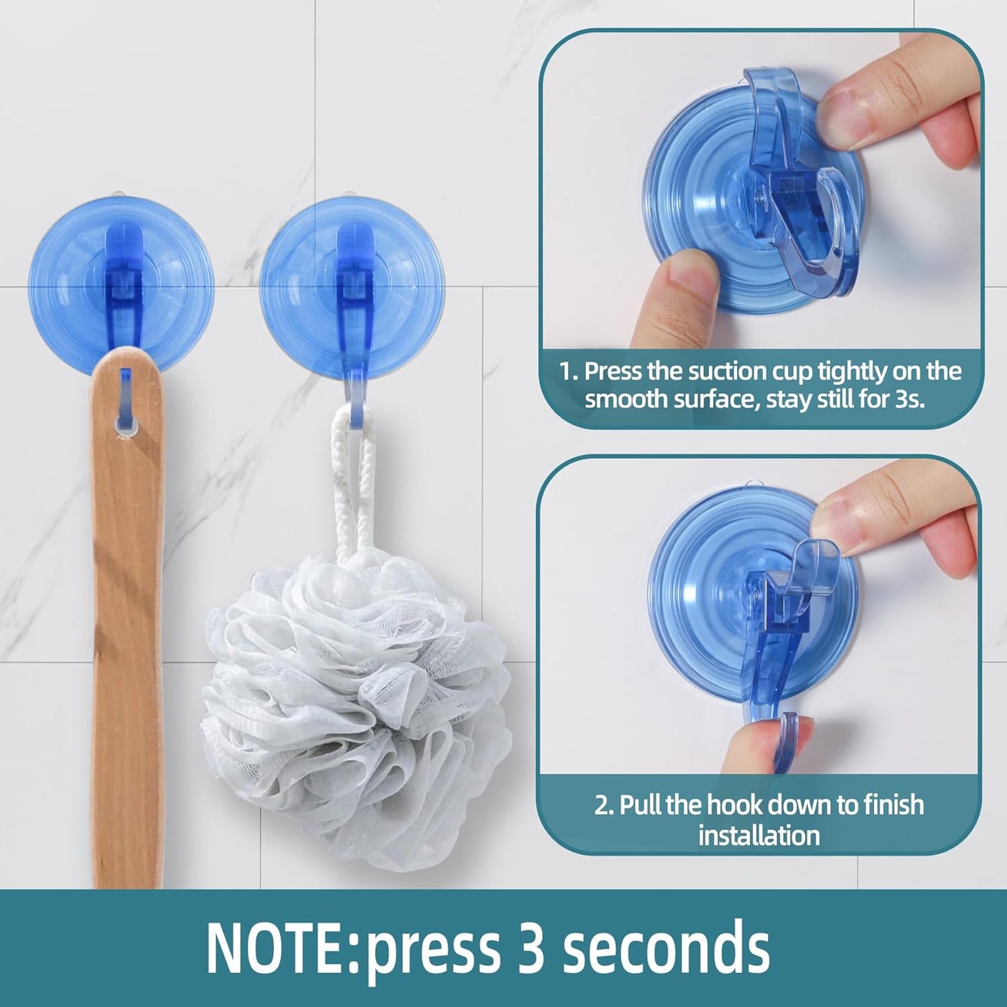 Antimbee 3 Pack Suction Hooks, Clear Suction Hangers for Shower, Bathroom, Glass, Door, Windows, Kitchen-Up to 11 lbs on Smooth Surface (Transparent Blue)