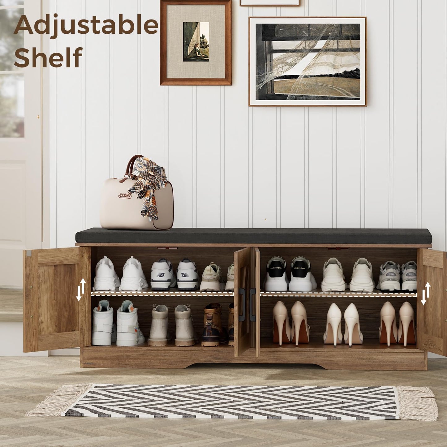 HOMSHO Farmhouse Shoe Storage Bench with 4 Barn Doors & Padded Seat Cushion