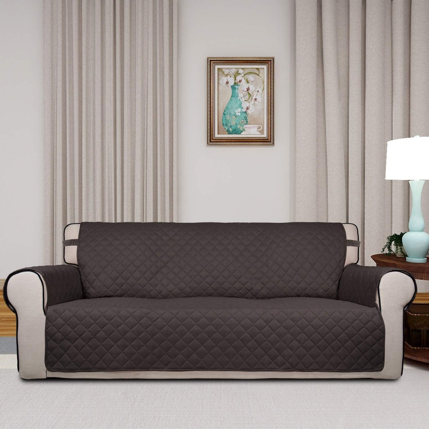 PureFit Reversible Quilted Sofa Cover, Water Resistant Slipcover Furniture Protector, Washable Couch Cover with Non Slip Foam and Elastic Straps for Kids, Pets (X Large, Chocolate/Chocolate)