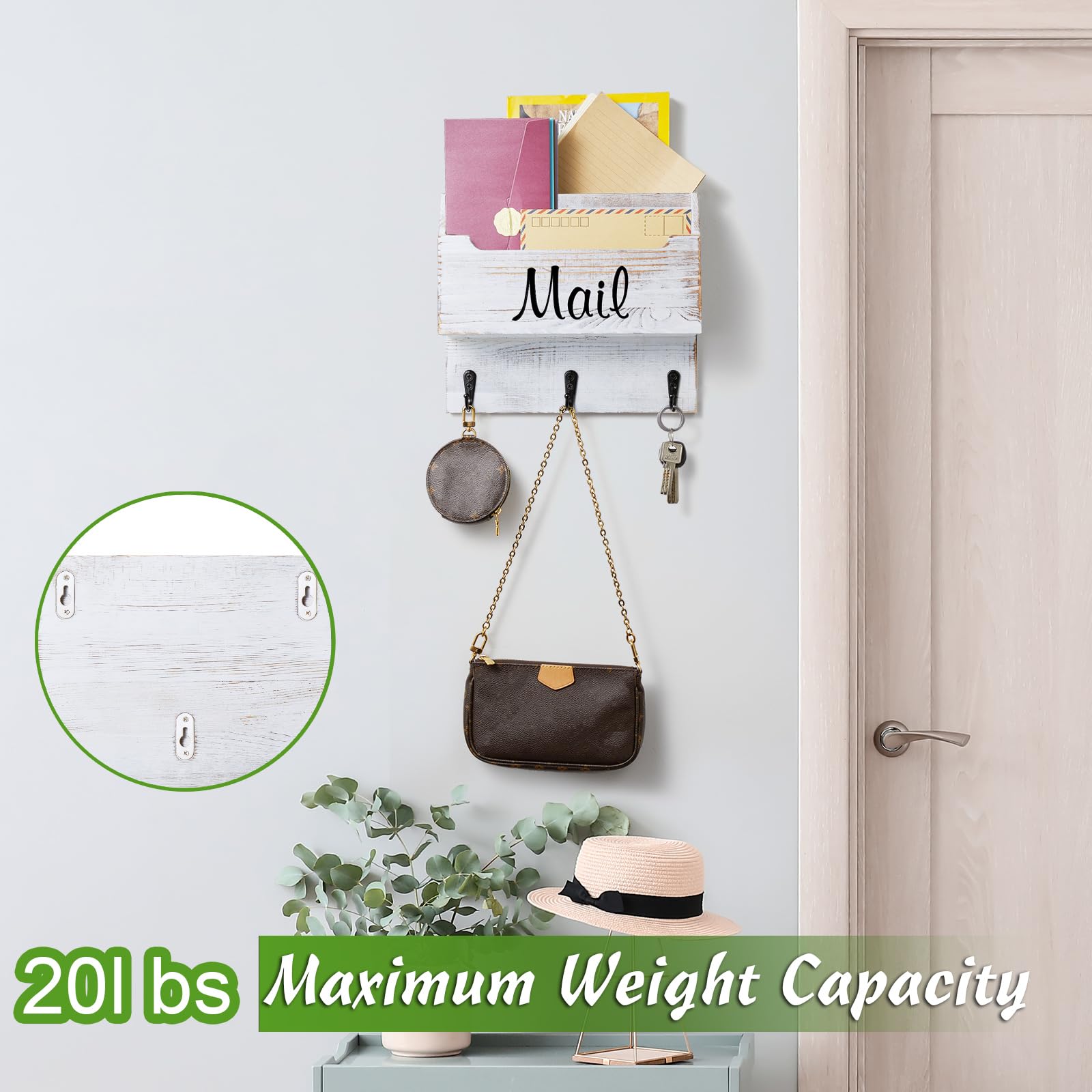 DRASTAR Mail Organizer Wall Mounted, Wooden Mail & Key Holder for Wall, Hanging Mail Organizer