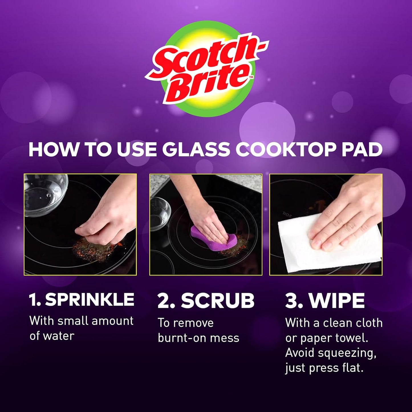 Scotch-Brite Glass Cooktop Pads, Scratch-Free & Non-Abrasive Scrubbers for Glass or Ceramic Stovetops, Cleans Burnt-On Messes with Just Water, Reusable Dishwasher-Safe Design (12 Pads)