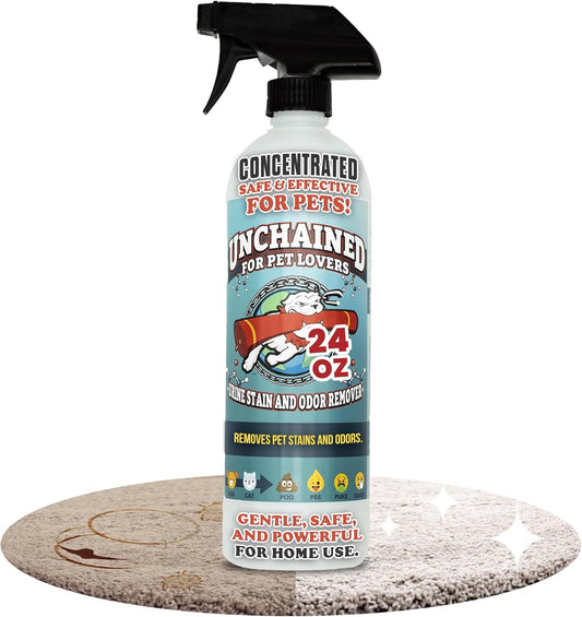 Unchained Pet Urine Stain & Odor Remover Spray – Oxygen-Based Enzyme Cleaner, Professional Strength for Carpets, Concrete, Furniture, Upholstery – 24oz