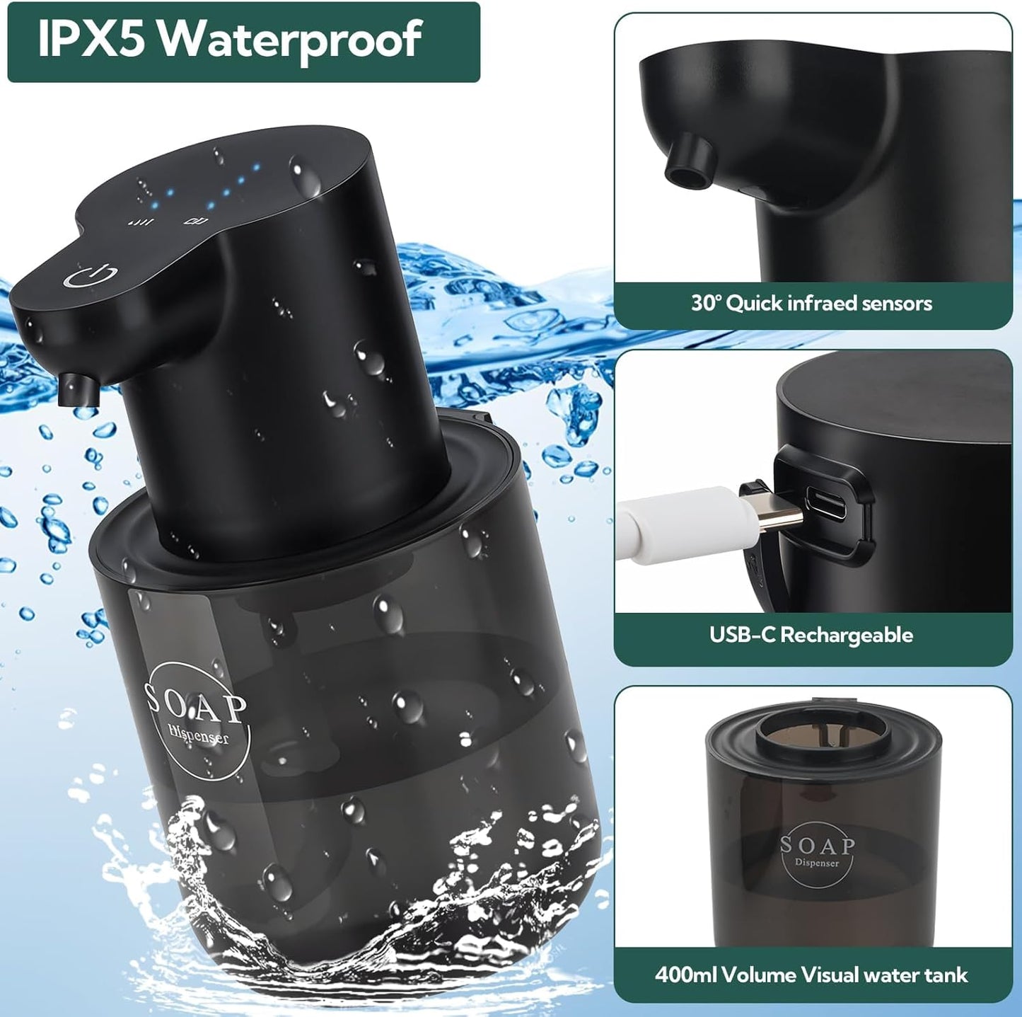 2 Pack Automatic Soap Dispenser, Touchless Automatic Foaming Soap Dispenser, Electric Wall Mounted Dispenser, 13.5oz/400ML USB Rechargeable with 4-Level Adjustment for Bathroom, Kitchen & Office