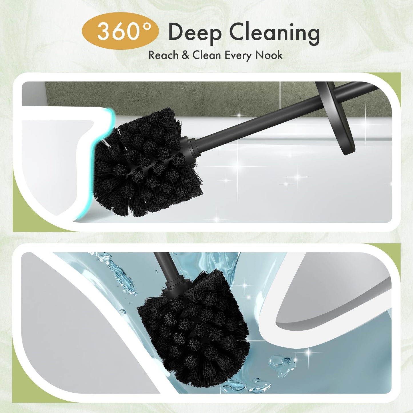 Toilet Bowl Brush and Holder Set 2 Pack with 4 Extra Brush Heads (Black)
