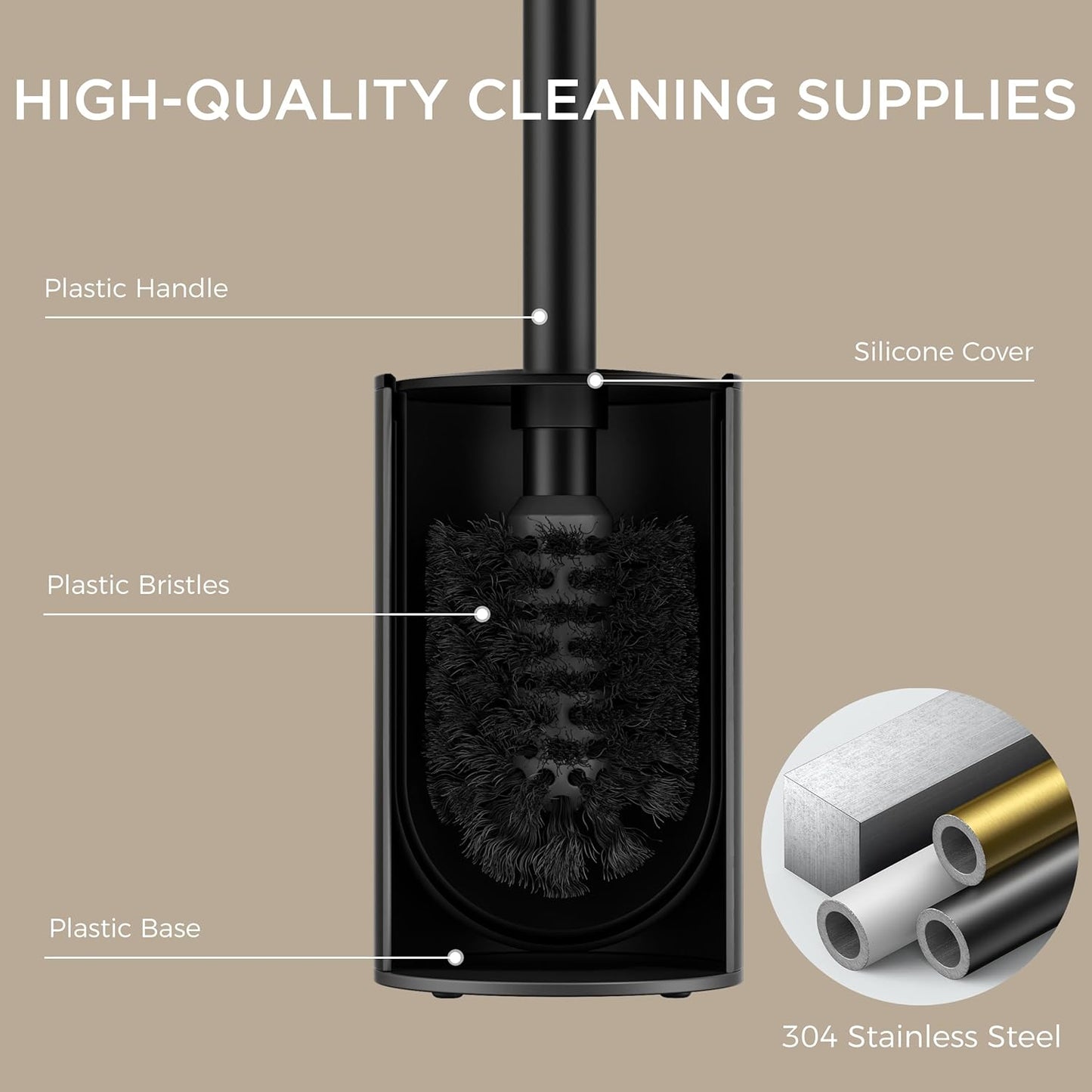FORIOUS Toilet Brush and Holder Set, 304 Stainless Steel Heavy Duty Base and Handle for Bathroom Deep Cleaning, Toilet Bowl Cleaners Brush with Holder, Space Saving for Storage, Matte Black