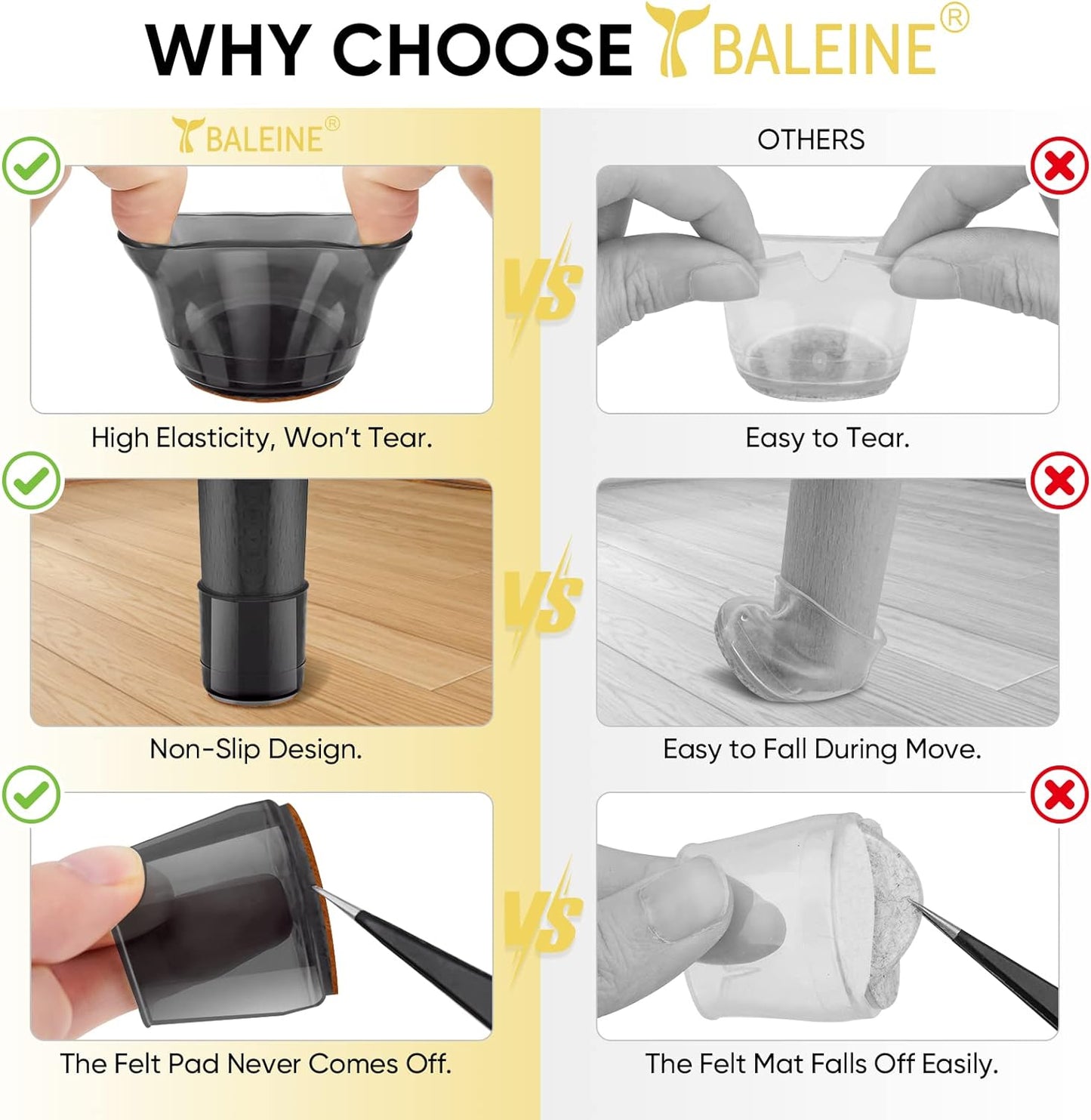 BALEINE 32 Pack Silicone Chair Leg Floor Protectors, Stool Leg Protectors Cap, Non-Slip Chair Leg Caps for Hardwood Floors (Black & Large, 32 Pack)