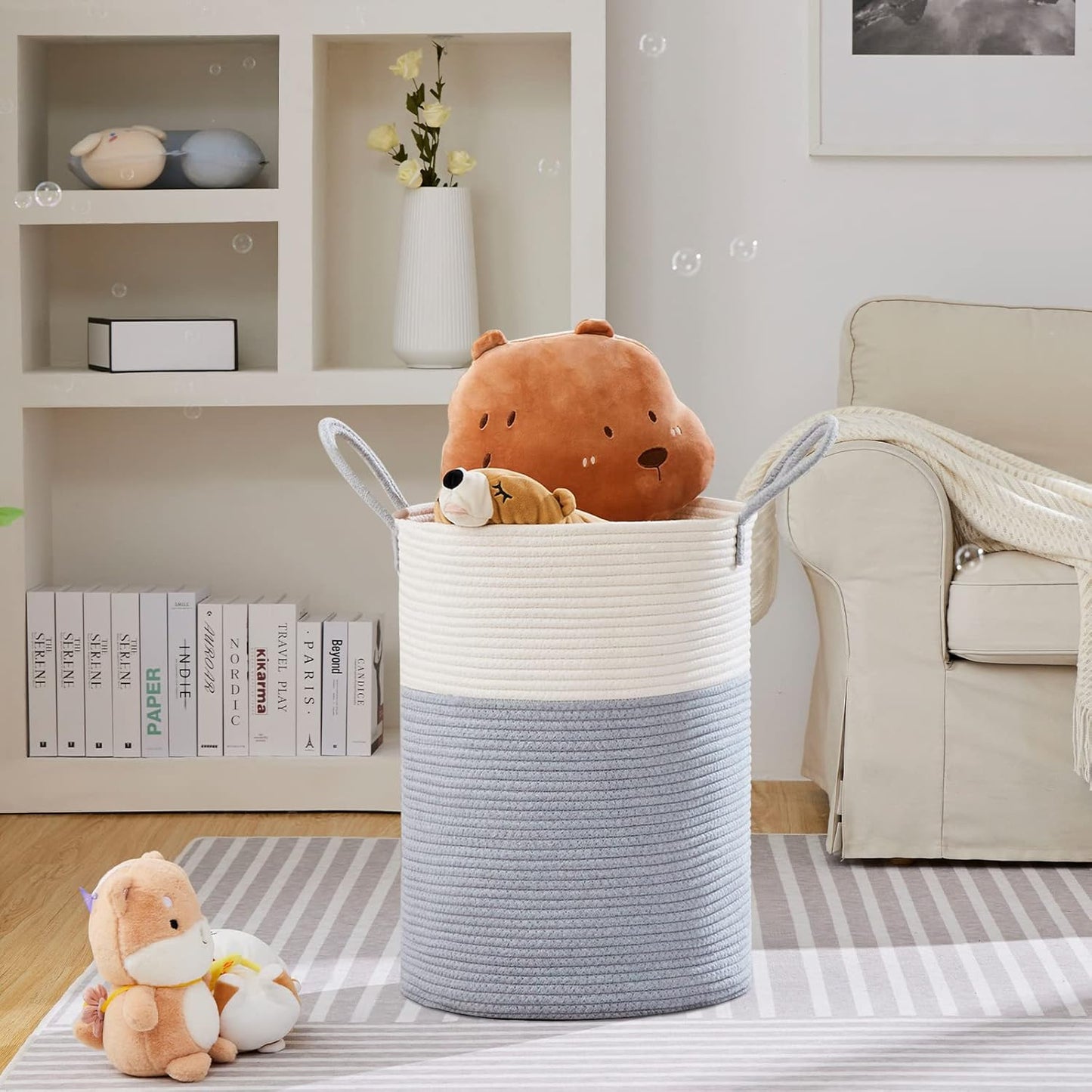 VIPOSCO Large Laundry Hamper, Tall Woven Rope Storage Basket for Blanket, Toys, Dirty Clothes in Living Room, Bathroom, Bedroom - 100L Grey & White