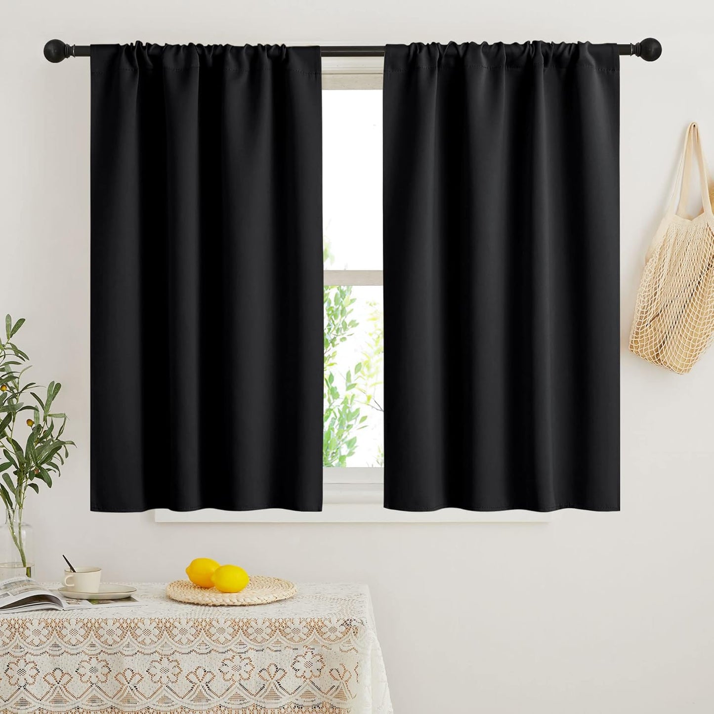 RYB HOME Small Window Curtains Blackout - Privacy Energy Saving Insulating Curtains Blinds for Bedroom Bathroom Basement Kids Nursery Kitchen, W 34 x L 48 inches, Black, 2 Panels