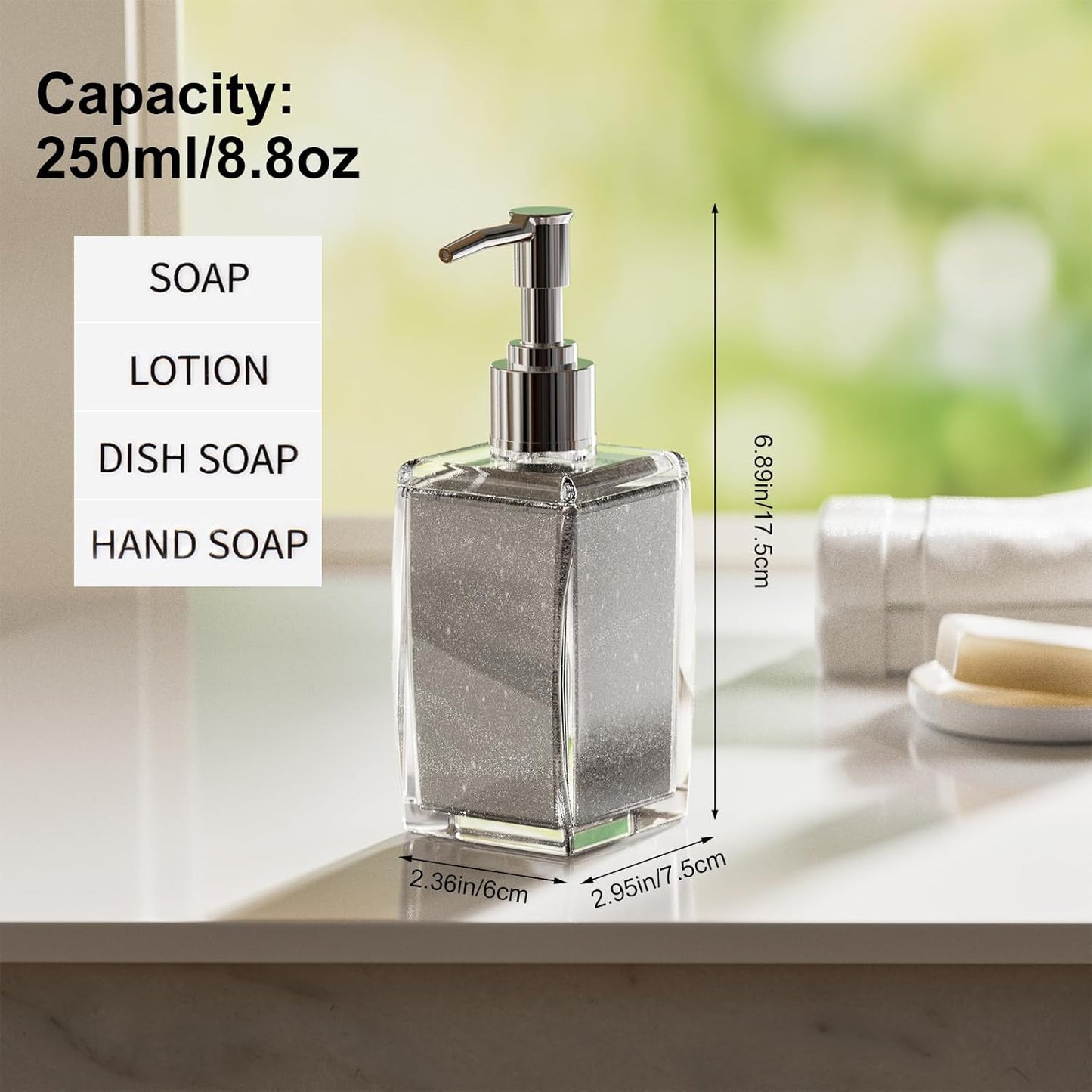 Silver Soap Dispenser with Refillable Plastic Pump for Bathroom Sink or Kitchen Counter, Ideal for Hand Soap, Liquid Soap, Dish Soap, or Lotion Use