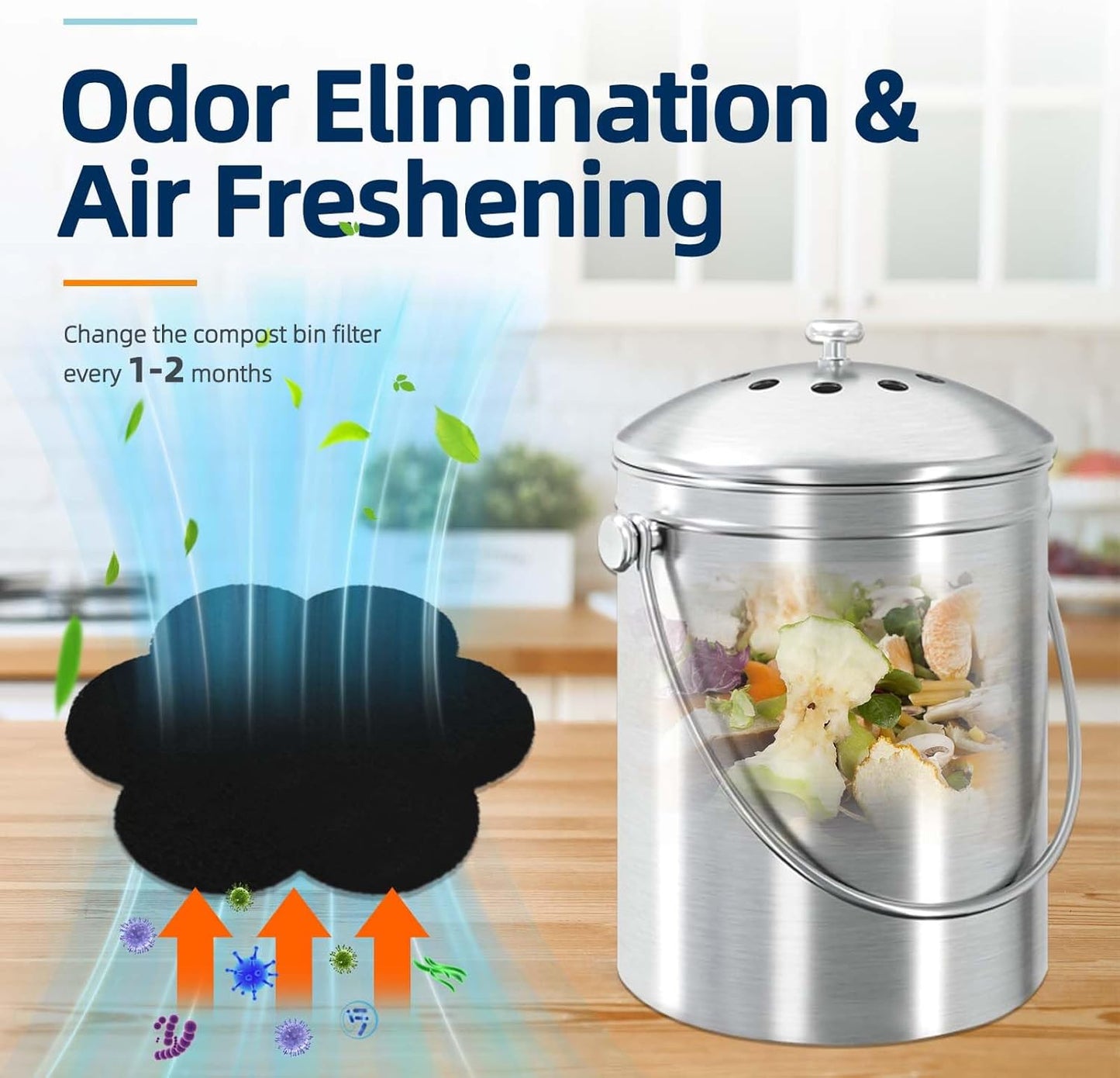 Stick-on Compost Bin Odor Filter: Activated Charcoal Deodorizer Sheets for Kitchen Trash Can, Compost Bucket, Diaper Pail, Garbage Can, Countertop and Recycle Bin - 6 Replacements 6.7" Flower Shape