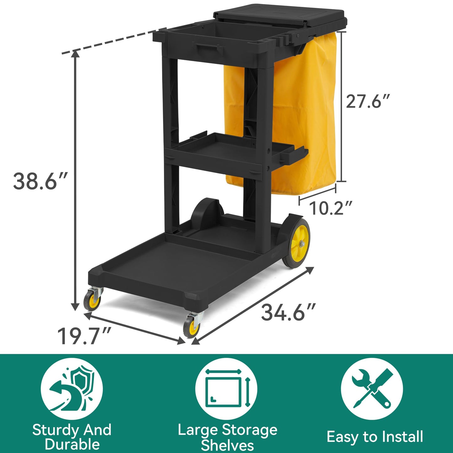 YITAHOME 3-Shelf Cleaning Carts on Wheels, Black Janitorial Cart