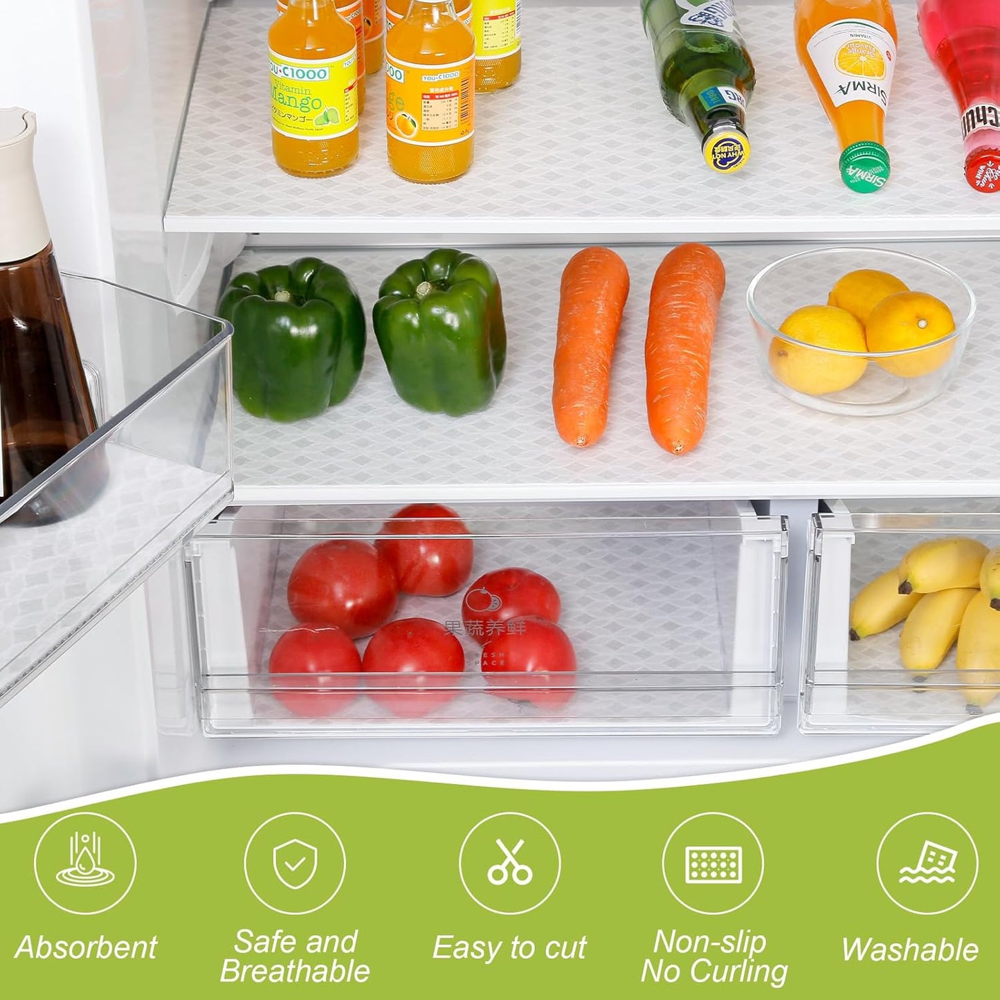 Cooyes Refrigerator Liners 17.7" x 24", Absorbent Strong Grip Fridge Liners Washable, Fridge Shelf Liner for Kitchen Cabinets, Non-Adhesive Refrigerator bin Liners and Mats