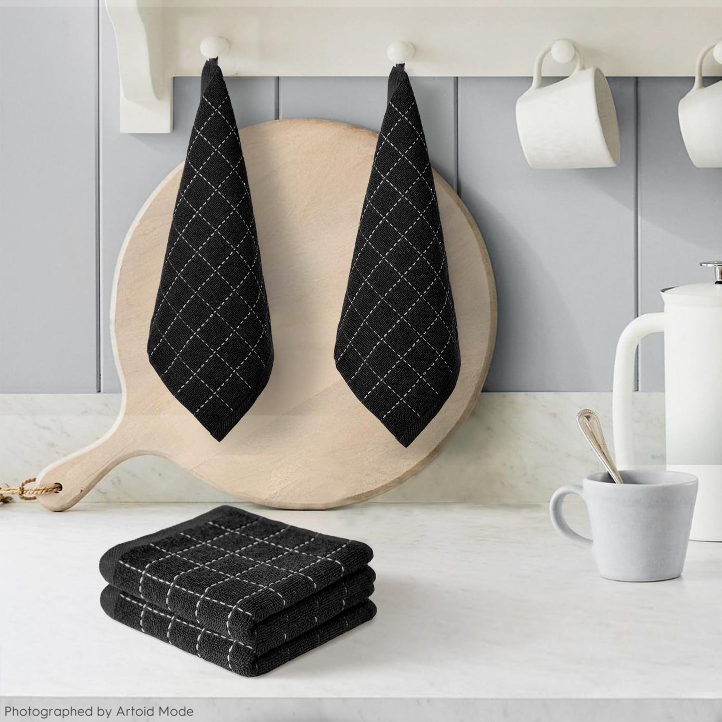 Artoid Mode Checkered Designed Cotton Black Terry Kitchen Dish Cloths, 12x12 Inch Soft Absorbent Quick Drying Cleaning Kitchen Rags Set of 6
