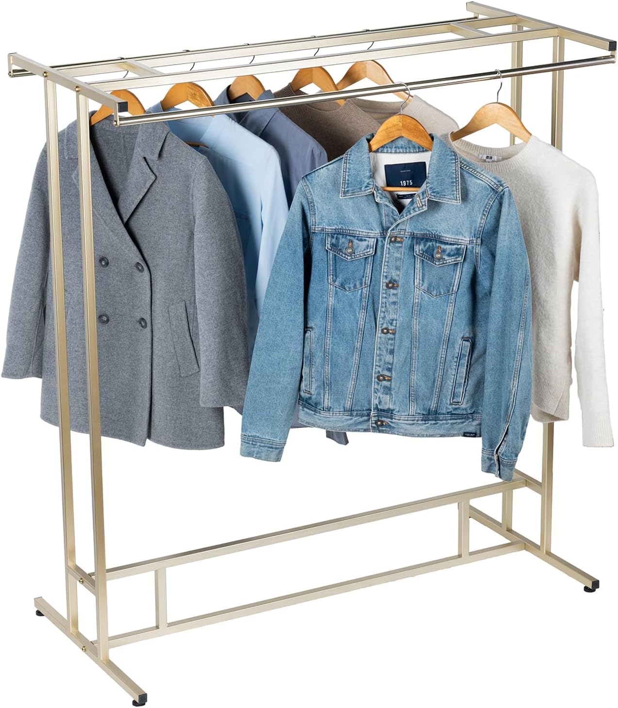 MyGift 4ft Tall Brass Tone Stainless Steel Freestanding Garment Rack, Heavy Duty Double Rod Clothes Closet Stand, Coat Dress Clothing Storage Display Shelf