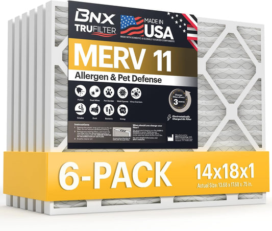 BNX TruFilter 14x18x1 Air Filter MERV 11 (6-Pack) - MADE IN USA - Allergen Defense Electrostatic Pleated Air Conditioner HVAC AC Furnace Filters for Allergies, Dust, Pet, Smoke, Allergy MPR 1200 FPR 7