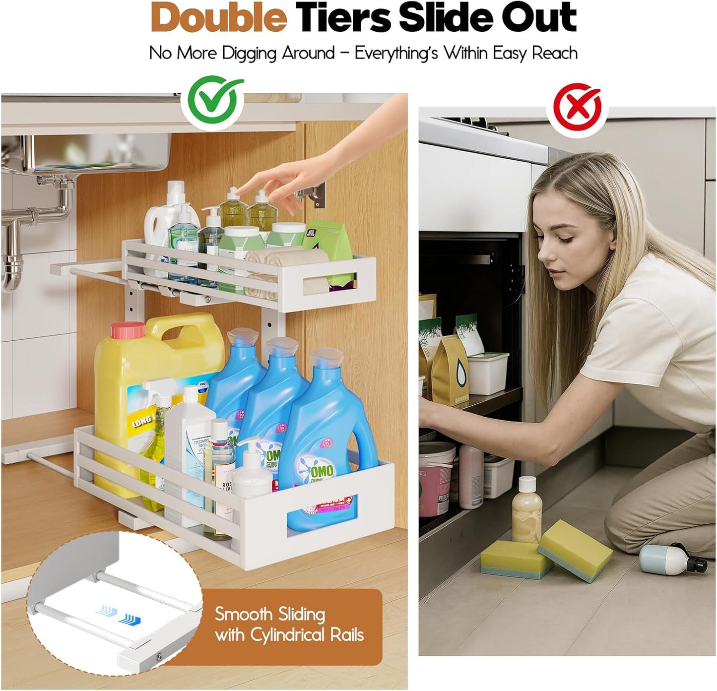 2-Pack Under Sink Organizers and Storage,2-Tier L Shape Pull Out Cabinet Organizer With Round Tube Slide Rails,Hight Adjustable Slide Out Drawers for Kitchen&Bathroom,Multi-Purpose Storage Shelf-White