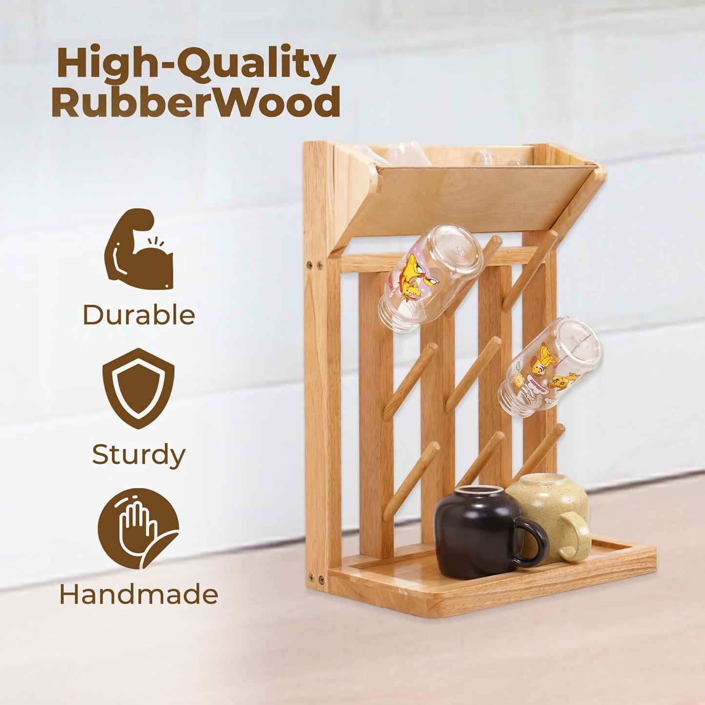 Natural Vertical Bottle Drying Rack Rubber Wood 9 Hooks, Use for Bottles, Cups, Mugs, Glasswine, Space Saving Storage Shelf Bottle Holder Dryer Kitchen