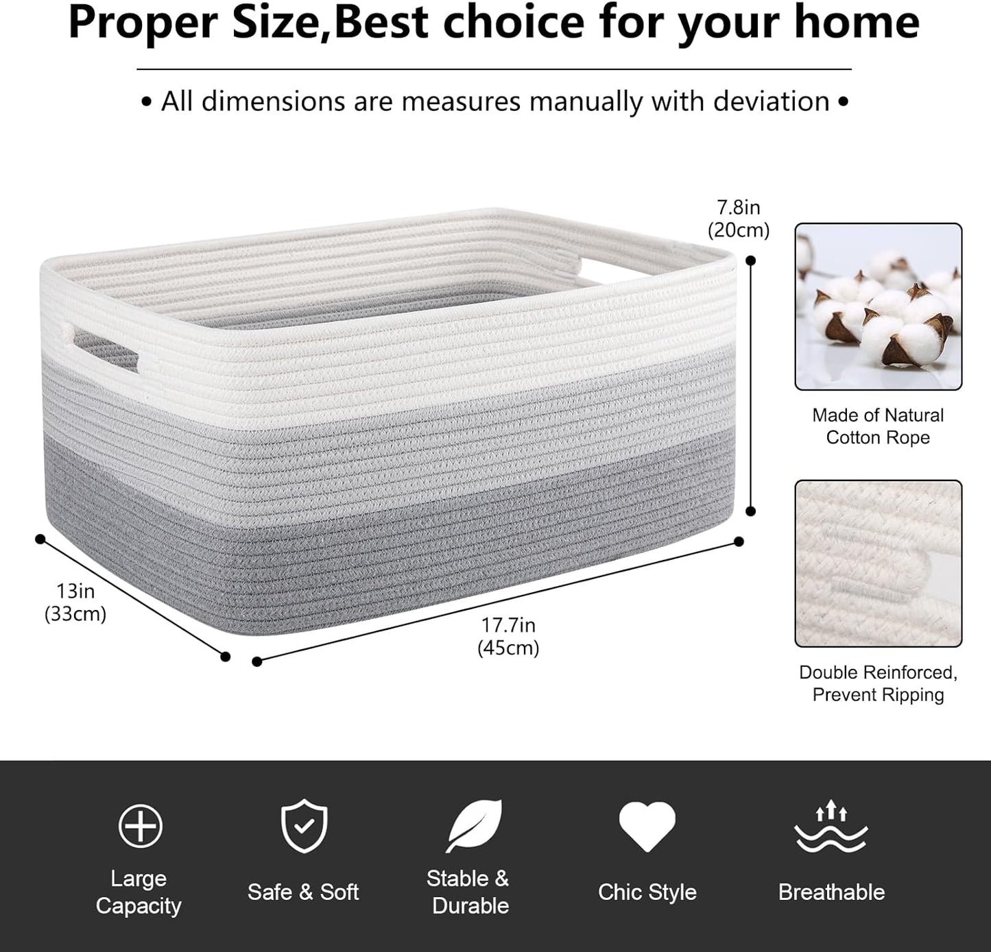 Large Storage Basket for Organizing, Woven Rope Basket for Shelves, Closet Organizer Bins for Clothes, Blanket, Toys, Baby Nursery Storage, 17.7" x 13" x 7.87", 3 Packs Gradient Grey