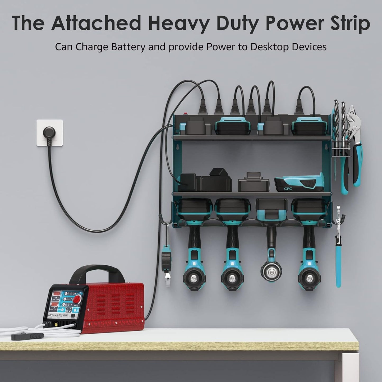 CCCEI Set Power Tool Organizer Wall Mount with Charging Station. Garage 4 Drill Storage Shelf with Hooks, Heavy Duty Metal Tool Battery Charger Organizer. Shop Utility Rack with Power Strip Navy Blue.