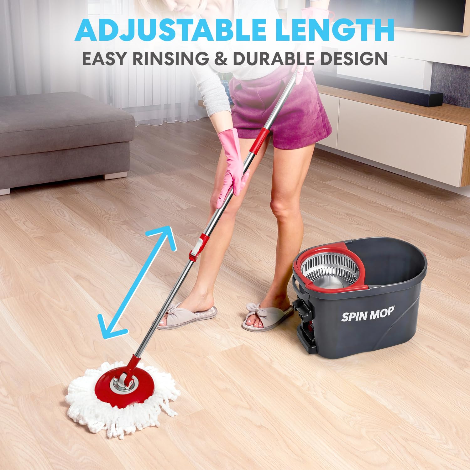 Simpli-Magic 79349 Spin Mop Cleaning System with 3 Microfiber Mop Heads, Red/Black