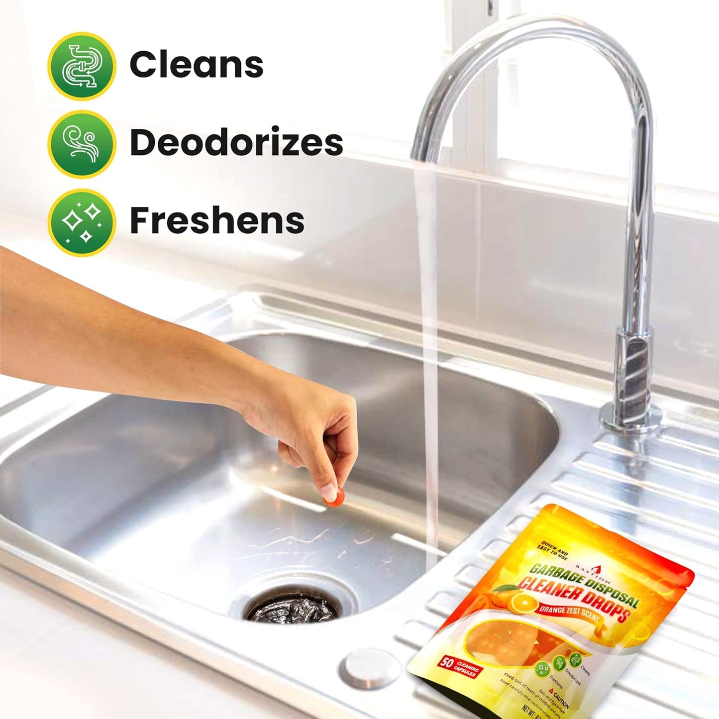 Bastion Garbage Disposal Cleaner and Deodorizer Drops- [[50-Count]] Orange Zest Scented Kitchen Sink Freshener Pods & Drain Odor Eliminator Disposer Care Balls