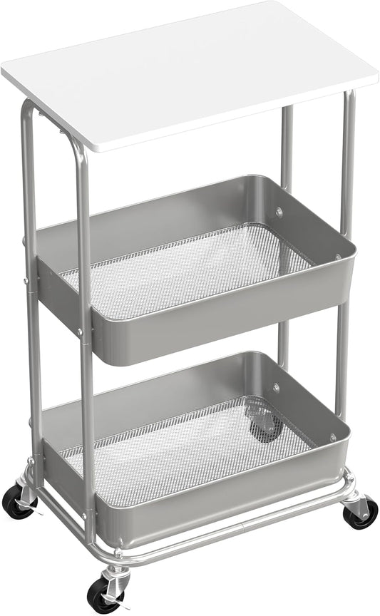 Simple Houseware 2-Tier Rolling Utility Cart with Lockable Wheels and Wood Top, Metal Storage Organizer Trolley for Kitchen, Bathroom, Office, Craft Room, White