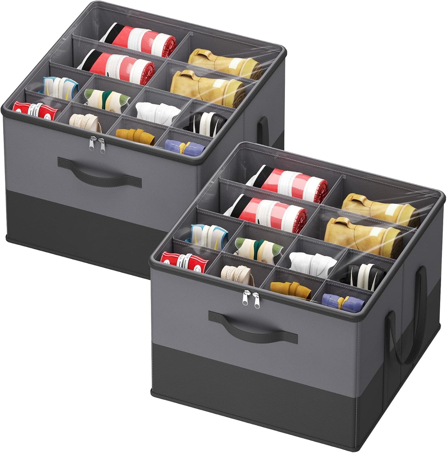 Lifewit Shoe Storage Organizer for Closet Fits 12-16 Pairs, Fabric Large Shoe Box Storage Containers with Clear Cover, Foldable Bins Fit for Boots Sneakers 17"(L) x 17"(W) x 12.5"(H) Gray and Black