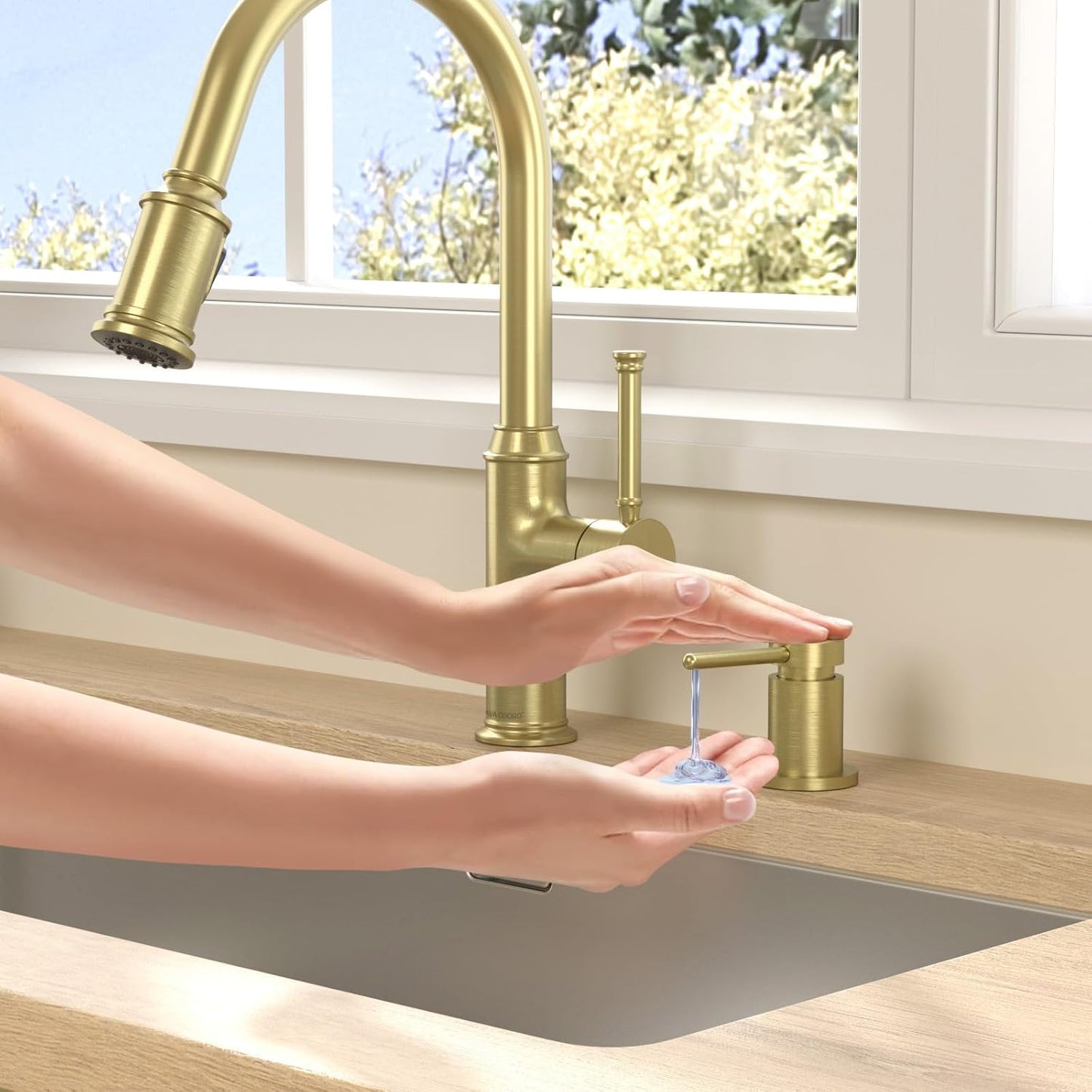 Lava Odoro Gold Soap Dispenser for Kitchen Sink, Modern Brass Built in Countertop Pump Dispenser with 18 Oz Refillable Bottle, Kitchen Soap and Lotion Dispenser Spot-Free, Brushed Gold, KSD-21