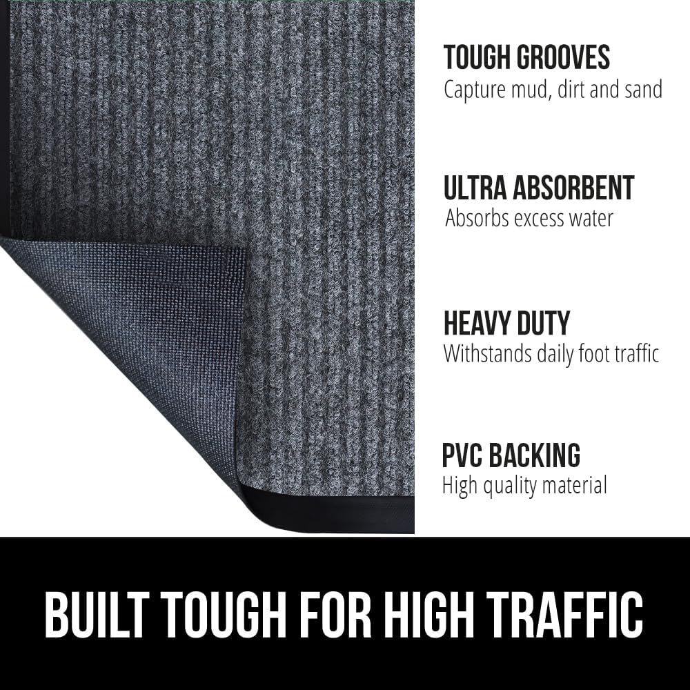 GORILLA GRIP Traffic Guard Door Mat, Heavy Duty Welcome Mats, Commercial Office Space Doormat, Waterproof, Fade Resistant, Strong Rubber Backing, Low Profile, Shoe and Boot Scraper, 35x23, Gray