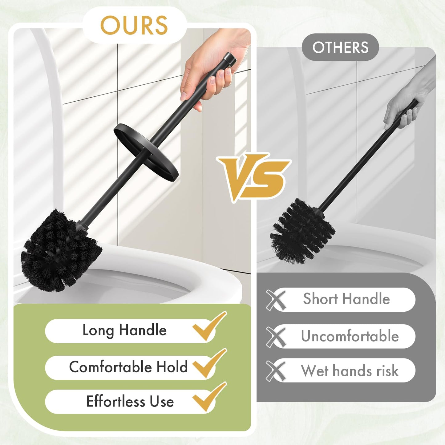 Toilet Bowl Brush and Holder Set 2 Pack with 4 Extra Brush Heads (Black)