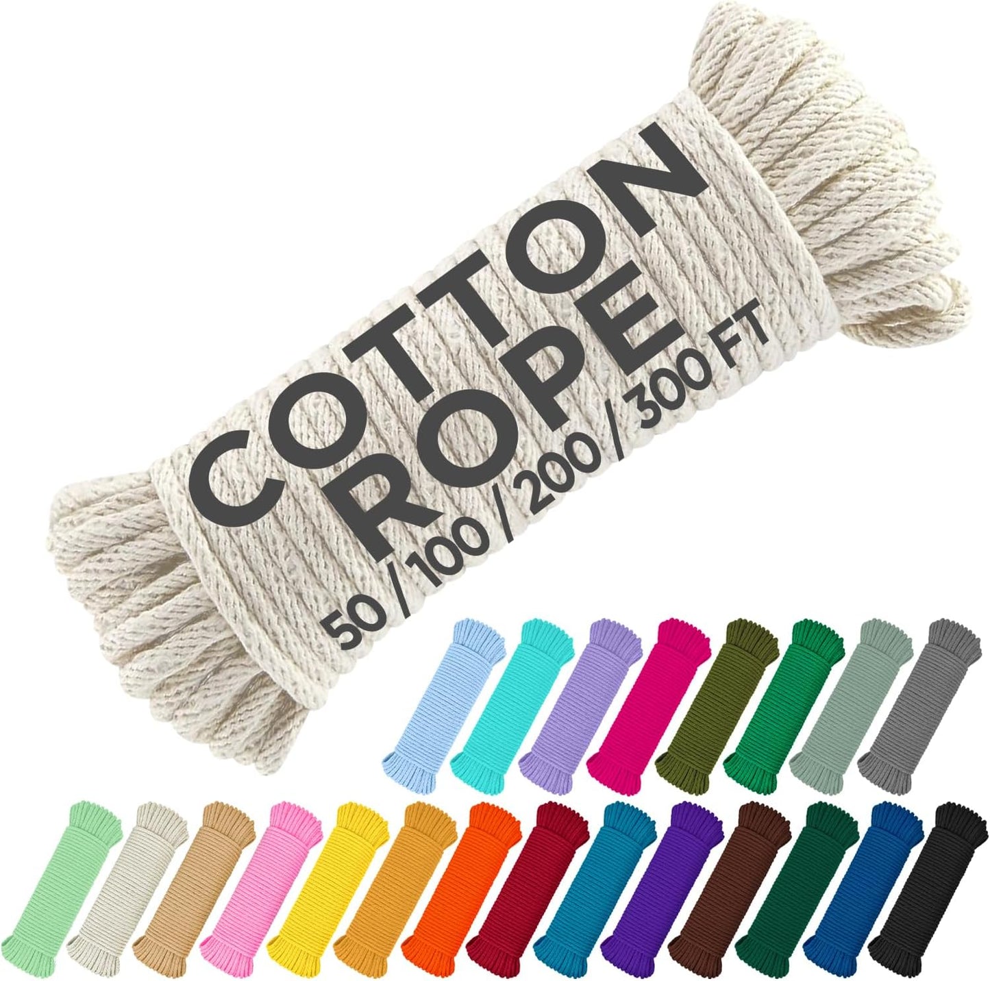 TECEUM 500lb Cotton Rope 3/16” (5 mm) – 100 FT – Strong All-Purpose Braided Rope – Natural Cotton – for Crafting, Сamping, Clothes Line, DIY, Indoor & Outdoor Use – Natural