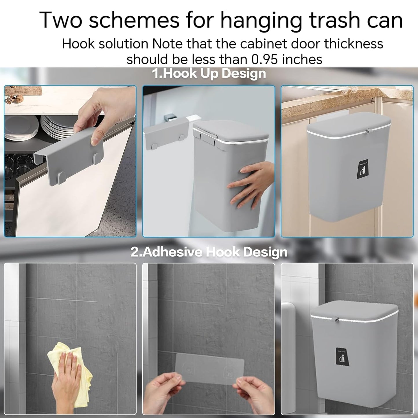 Compost Bin for Kitchen -2.4 Gallons/9L Trash Can for Under Sink,Hanging Small Trash Can with Lid for Bathroom/Bedroom, Indoor Compost Bucket (Grey)