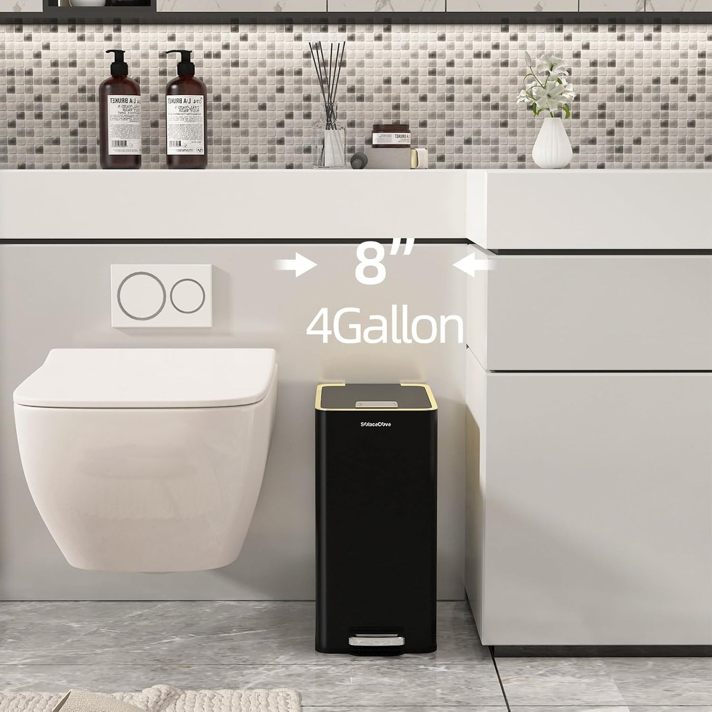 Stainless Steel Trash Can with Soft Close Lid,15 Liter/4 Gallon Garbage Can Kitchen Removable Wastebasket, Rectangular for Bathroom, Office (Black)