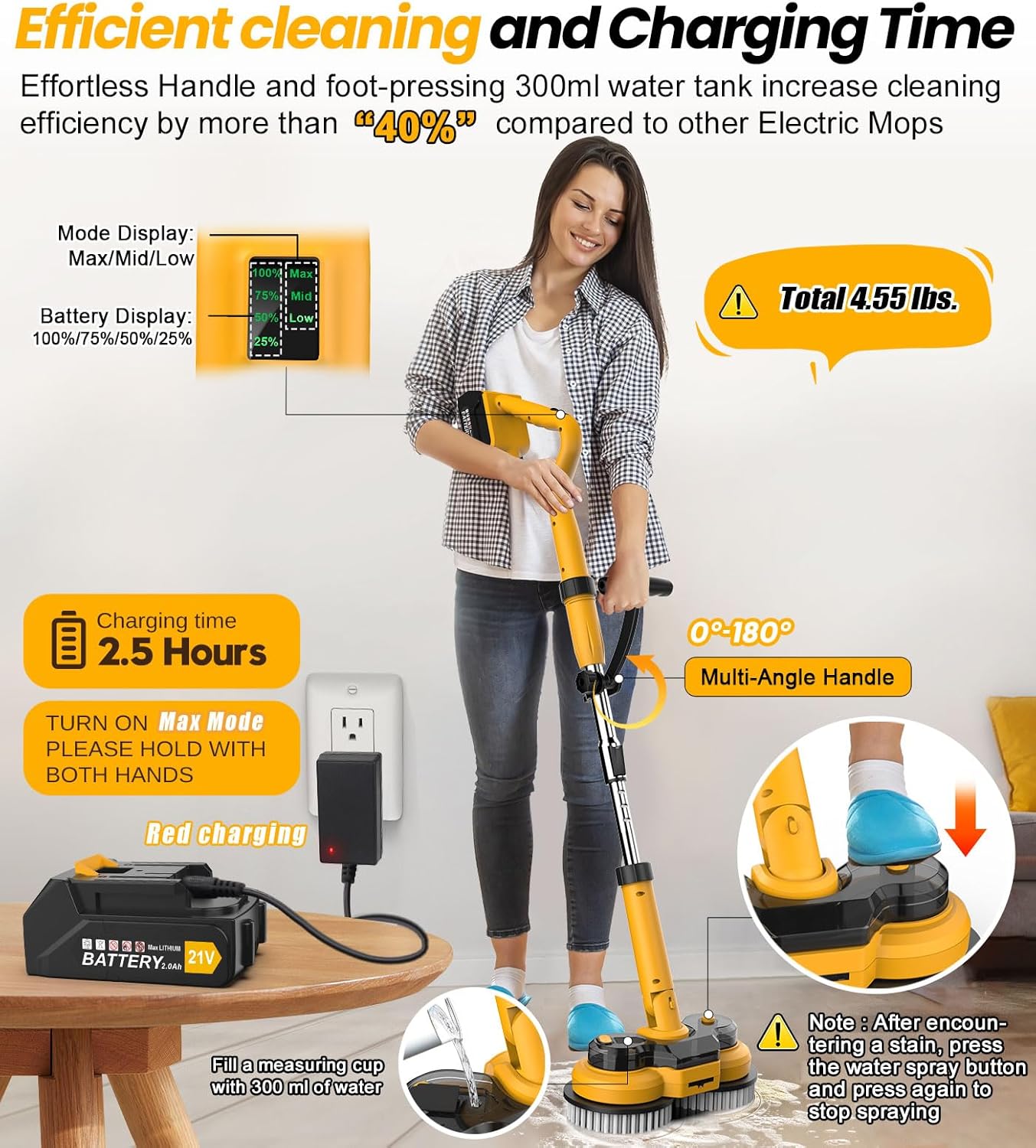 qimedo 6000mAh Battery Electric Mop M1, 800RPM Cordless Electric Power Scrubber & Mops for Floor Cleaning, Best Automatic Spin Mops with Smart Display,Rotating Mop with LED Light & Water Spray
